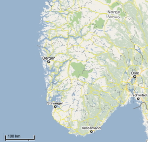 Utdrag av et kart over Norge der Bergen, Oslo, Fredrikstad, Stavanger og Kristiansand er med. Målestokken er vist i nedre venstre hjørnet.